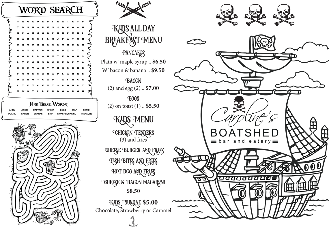 Caroline's Boatshed kids menu with activities